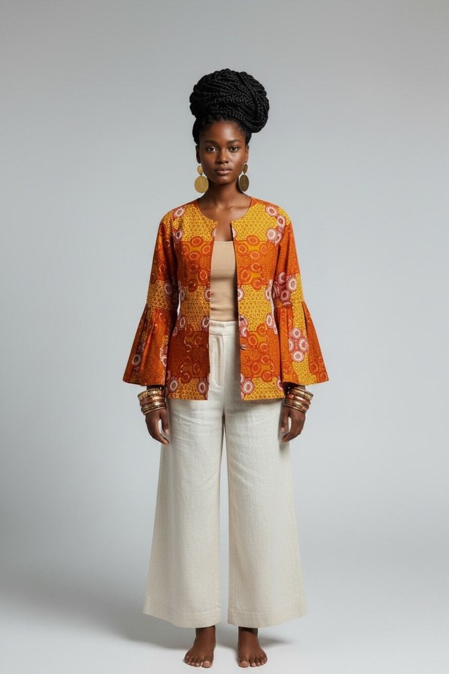 Handmade African Ankara Wax Print Jacket S Bell Sleeve Orange Boho Statement S